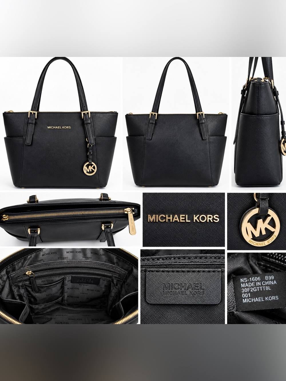 Michael Kors Black Saffiano Leather Tote Bag Gold Hardware MK Charm